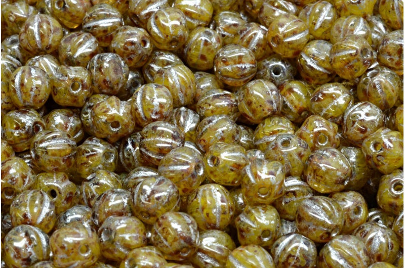 Melon Beads, Yellow Travertin Silver Lined (R0812-86800-54301), Glass, Czech Republic