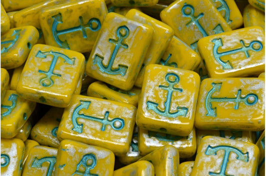 Anchor Design Rectangle Beads, Opaque Yellow 86700 Light Blue Lined (93100-86700-43811), Glass, Czech Republic