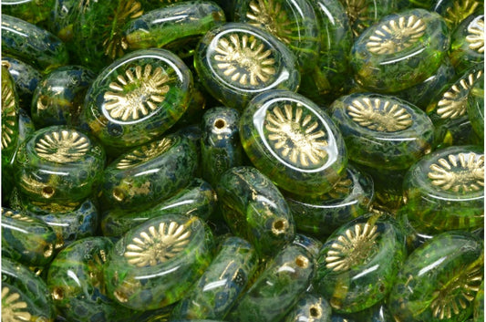 OUTLET 10 grams Kiwi Beads, 14 x 10 mm, Transparent Green Travertin Gold Lined (50110-86800-54302), Glass, Czech Republic