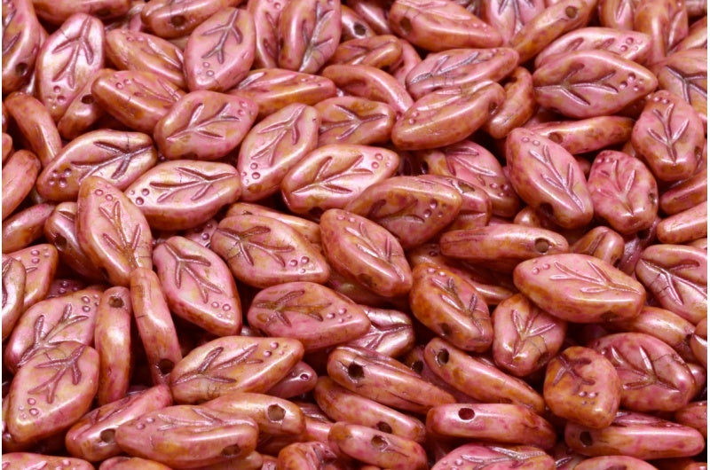 OUTLET 10 grams Cherry Leaf Beads, 6 x 10 mm, White Rose Luster Spotted (02010-65327), Glass, Czech Republic