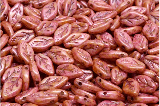 OUTLET 10 grams Cherry Leaf Beads, 6 x 10 mm, White Rose Luster Spotted (02010-65327), Glass, Czech Republic