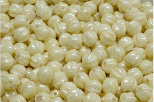 Melon Beads, White Luster Yellow Full Coated (02010-14483), Glass, Czech Republic