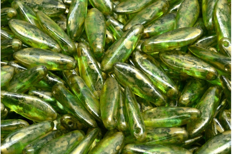 Dagger Beads, Transparent Green Emerald Gold Splash (50720-86720), Glass, Czech Republic