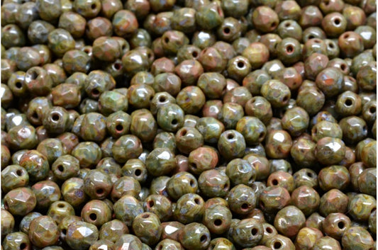 Faceted Round Fire Polished Beads, R1212 Travertin (R1212-86800), Glass, Czech Republic