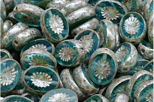 アウトレット 10グラム テーブルカットキウイビーズ、14 x 11 mm、透明アクアピカソ（60020-43400）、ガラス、チェコ共和国