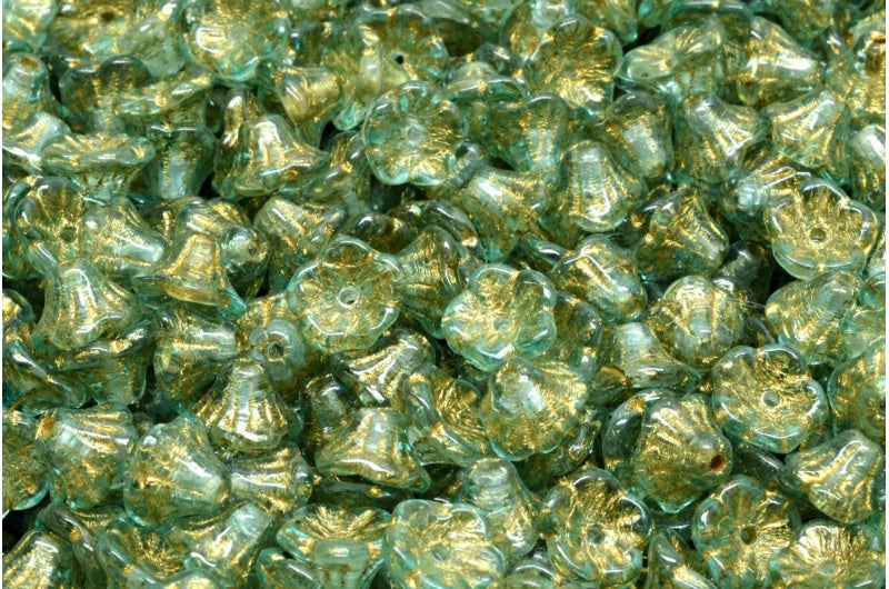 ベルフラワーカップビーズ、クリスタルゴールドライン、ライトアクアブルー（00030-54302-34308）、ガラス、チェコ共和国