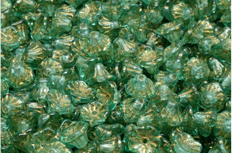 Bell Flower Cup Beads, Crystal Gold Lined Light Turquoise (00030-54302-34309), Glass, Czech Republic