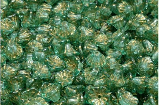 Bell Flower Cup Beads, Crystal Gold Lined Light Turquoise (00030-54302-34309), Glass, Czech Republic