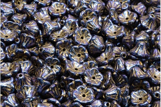 Bell Flower Cup Beads, Black Gold Lined Blue Iridiscent (23980-54302-86966), Glass, Czech Republic