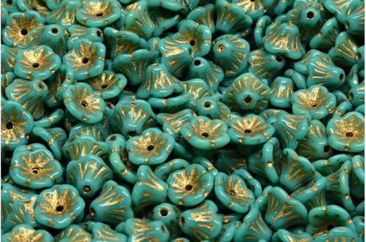 Bell Flower Cup Beads, Turquise Gold Lined (63140-54302), Glass, Czech Republic