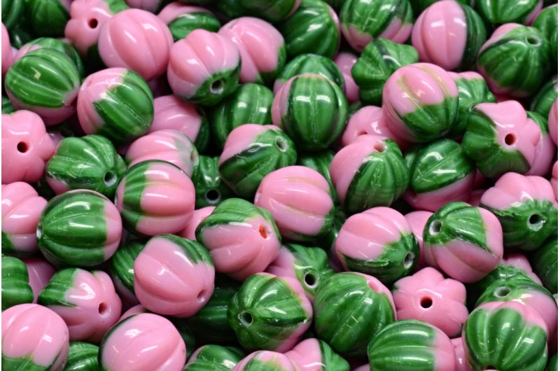 メロンビーズ、不透明ピンク・不透明グリーン（73010-54100）、ガラス、チェコ共和国