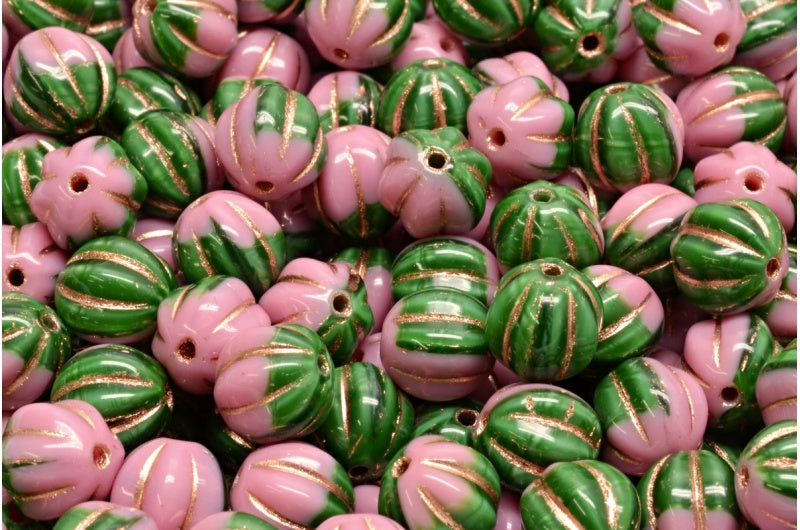 メロンビーズ、不透明ピンク、不透明グリーン、銅線入り（73010-54100-54307）、ガラス、チェコ共和国