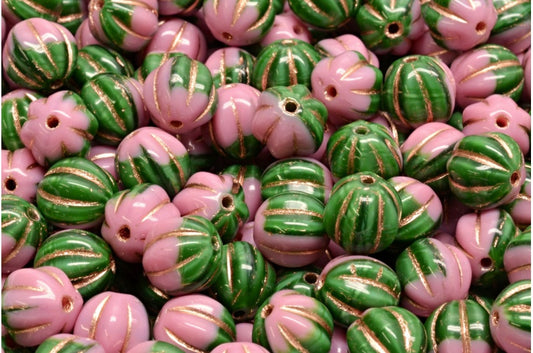 メロンビーズ、不透明ピンク、不透明グリーン、銅線入り（73010-54100-54307）、ガラス、チェコ共和国