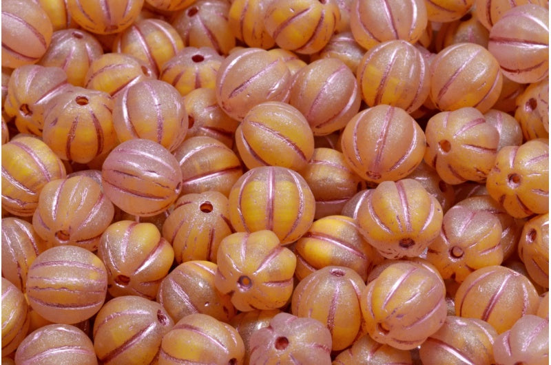 Melon Beads, Yellow Pink Lined (R0812-54321), Glass, Czech Republic