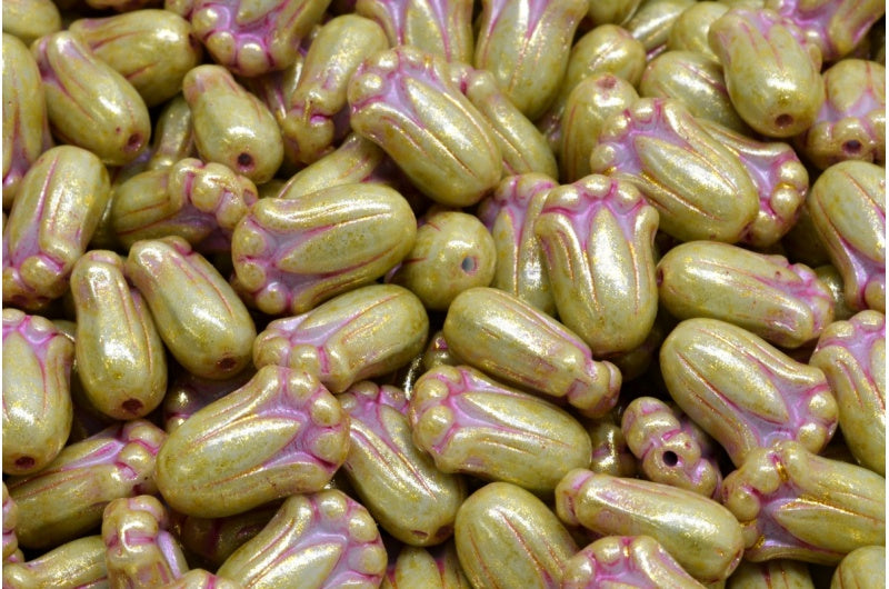 OUTLET 10 grams Tulip Bud Beads, 12 x 8 mm, Light Blue Pink Lined Light Yellow (33000-43807-34302), Glass, Czech Republic