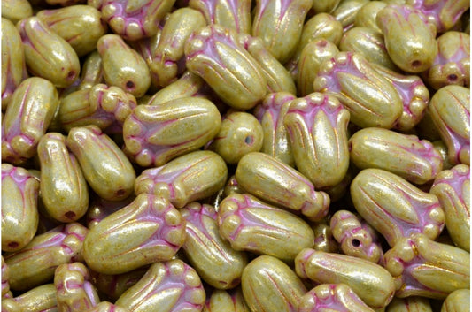 OUTLET 10 grams Tulip Bud Beads, 12 x 8 mm, Light Blue Pink Lined Light Yellow (33000-43807-34302), Glass, Czech Republic