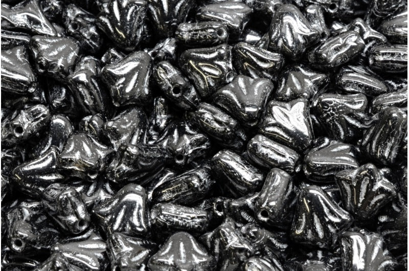 ユリの花ビーズ、ブラックシルバーライン（23980-54301）、ガラス、チェコ共和国