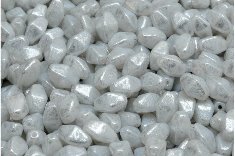 OUTLET 10 grams Olive Oval Pressed Glass Beads With Edges, 8 x 6 mm, White Opal Silver Gray (02020-34301), Glass, Czech Republic