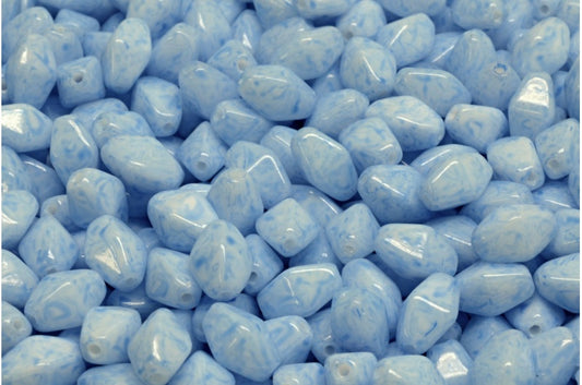 Olive Oval Pressed Glass Beads With Edges, White Opal Light Blue (02020-34307), Glass, Czech Republic