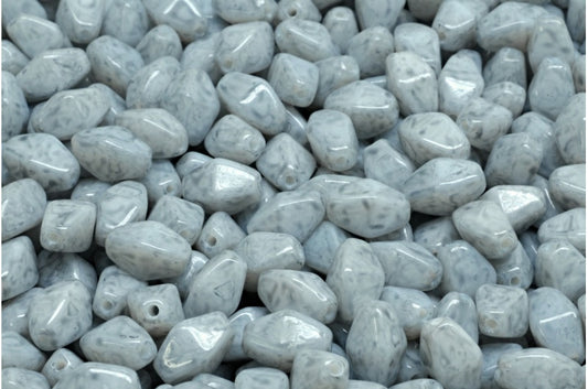 Olive Oval Pressed Glass Beads With Edges, White Opal Light Gray (02020-34311), Glass, Czech Republic