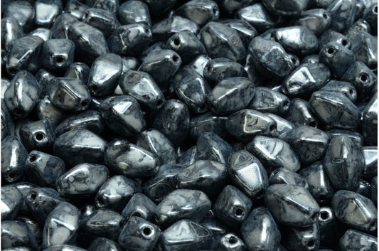 Olive Oval Pressed Glass Beads With Edges, Black Silver Splash (23980-86790), Glass, Czech Republic