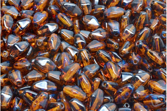 Olive Oval Pressed Glass Beads With Edges, Topaz Travertin (10070-86800), Glass, Czech Republic