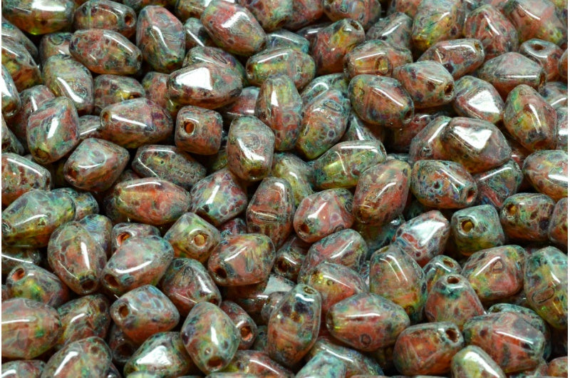 Olive Oval Pressed Glass Beads With Edges, R0932 Travertin Light Turquoise (R0932-86800-34309), Glass, Czech Republic