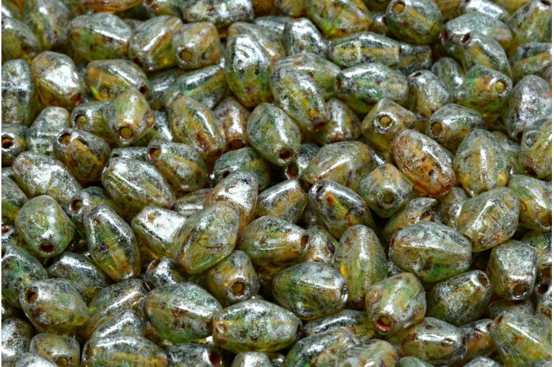 Olive Oval Pressed Glass Beads With Edges, R0505 Travertin 34301 (R0505-86800-34301), Glass, Czech Republic