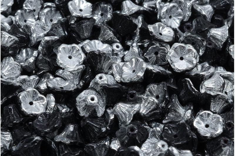 OUTLET 10 grams Bell Flower Cup Beads, 7 x 5 mm, Black Crystal Silver Half Coating (23980-27001), Glass, Czech Republic