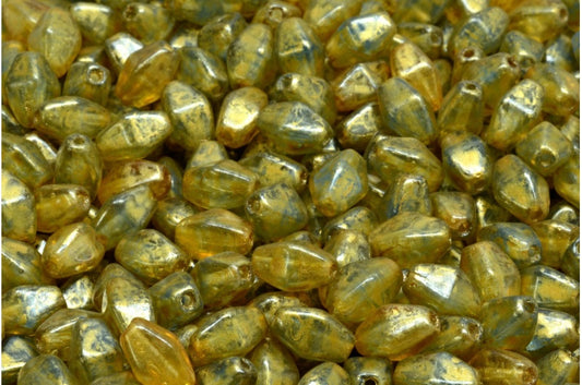 Olive Oval Pressed Glass Beads With Edges, R0305 Gold Splash (R0305-86720), Glass, Czech Republic