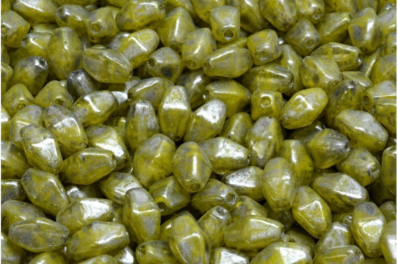 Olive Oval Pressed Glass Beads With Edges, Yellow Silver Splash (R0812-86790), Glass, Czech Republic