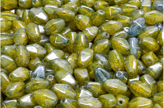Olive Oval Pressed Glass Beads With Edges, R0816 Terracotta Blue (R0816-15464), Glass, Czech Republic