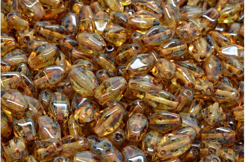 Olive Oval Pressed Glass Beads With Edges, Crystal Travertin (00030-86800), Glass, Czech Republic