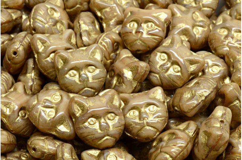 Cat Muzzle Beads, 17113 Gold Lined (17113-54302), Glass, Czech Republic