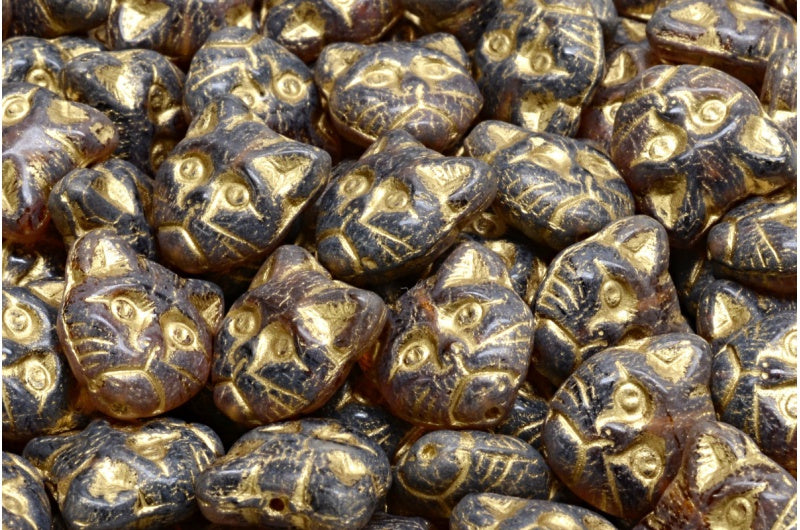 Cat Muzzle Beads, 18036 Gold Lined (18036-54302), Glass, Czech Republic