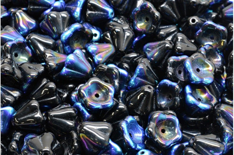 Bell Flower Beads, Black Ab (23980-28701), Glass, Czech Republic