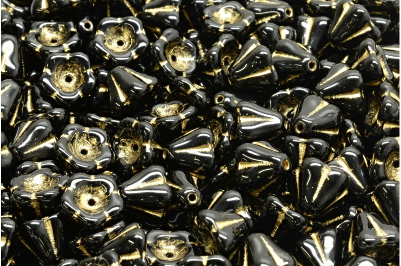 OUTLET 10 grams Bell Flower Beads, 6 x 8 mm, Black Gold Lined (23980-54302), Glass, Czech Republic