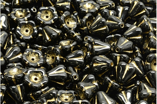 OUTLET 10 grams Bell Flower Beads, 6 x 8 mm, Black Gold Lined (23980-54302), Glass, Czech Republic