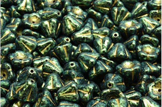 Bell Flower Beads, Black Gold Lined Green Iridiscent (23980-54302-86922), Glass, Czech Republic