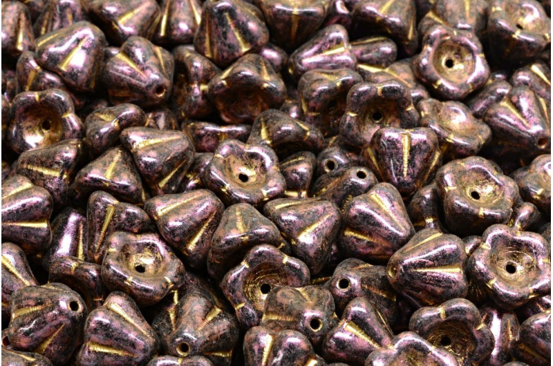 Bell Flower Beads, Black Gold Lined Red Iridiscent (23980-54302-86944), Glass, Czech Republic