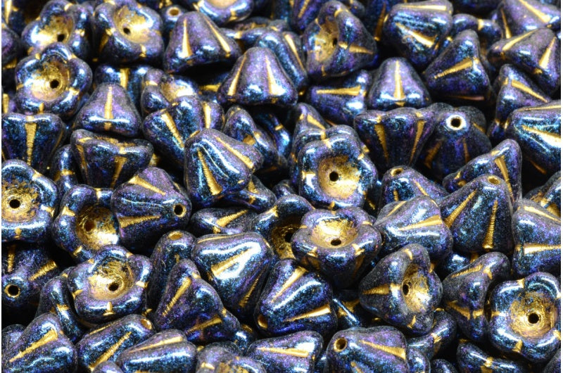 Glockenblumenperlen, schwarz-goldgefüttert, blau schillernd (23980-54302-86966), Glas, Tschechische Republik