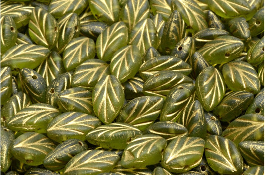 Beech Leaf Beads, Transparent Green Matte Gold Lined (50220-84100-54302), Glass, Czech Republic