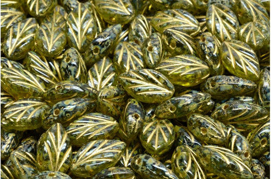 Beech Leaf Beads, Transparent Green Travertin Gold Lined (50220-86800-54302), Glass, Czech Republic