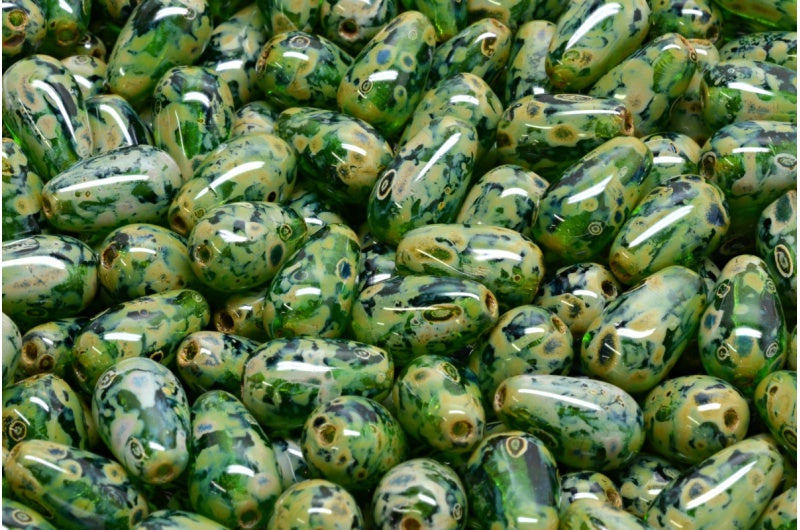 ドロップビーズ、透明グリーントラバーチン（50560-86800）、ガラス、チェコ共和国