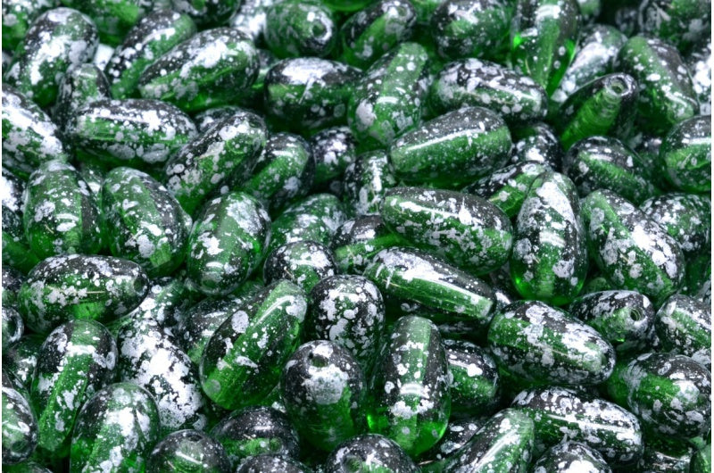 ドロップビーズ、透明グリーンシルバースプラッシュ（50560-94400）、ガラス、チェコ共和国