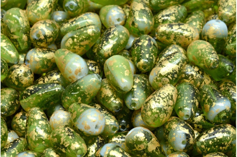 OUTLET 10 grams Drop Beads, 9 x 6 mm, Olive Green Gold Splash (06508-94401), Glass, Czech Republic