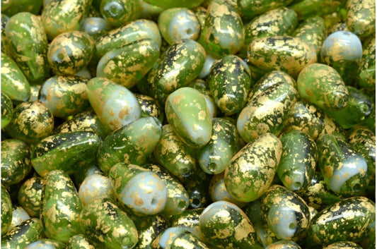 OUTLET 10 grams Drop Beads, 9 x 6 mm, Olive Green Gold Splash (06508-94401), Glass, Czech Republic