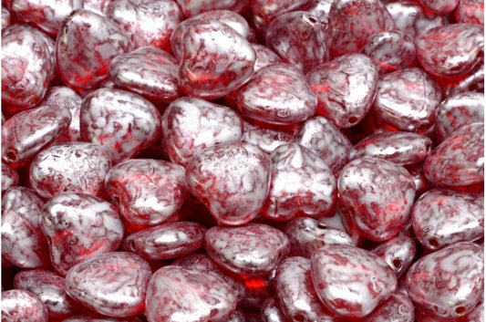 OUTLET 10 grams Heart Beads, 10 x 10 mm, Ruby Red Silver Splash (90080-86700), Glass, Czech Republic