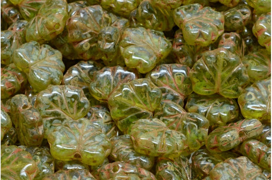 メープルリーフビーズ、透明グリーントラバーチン（50220-86800）、ガラス、チェコ共和国