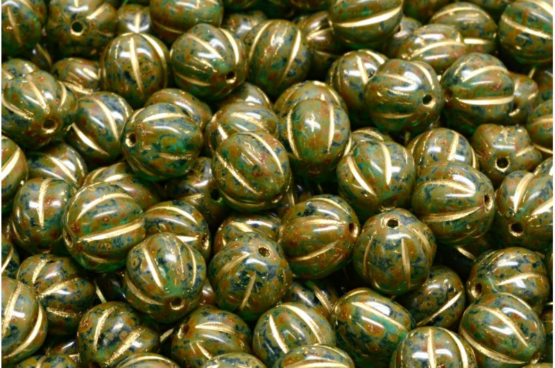 Melon Beads, Transparent Aqua Travertin Gold Lined (60220-86800-54302), Glass, Czech Republic